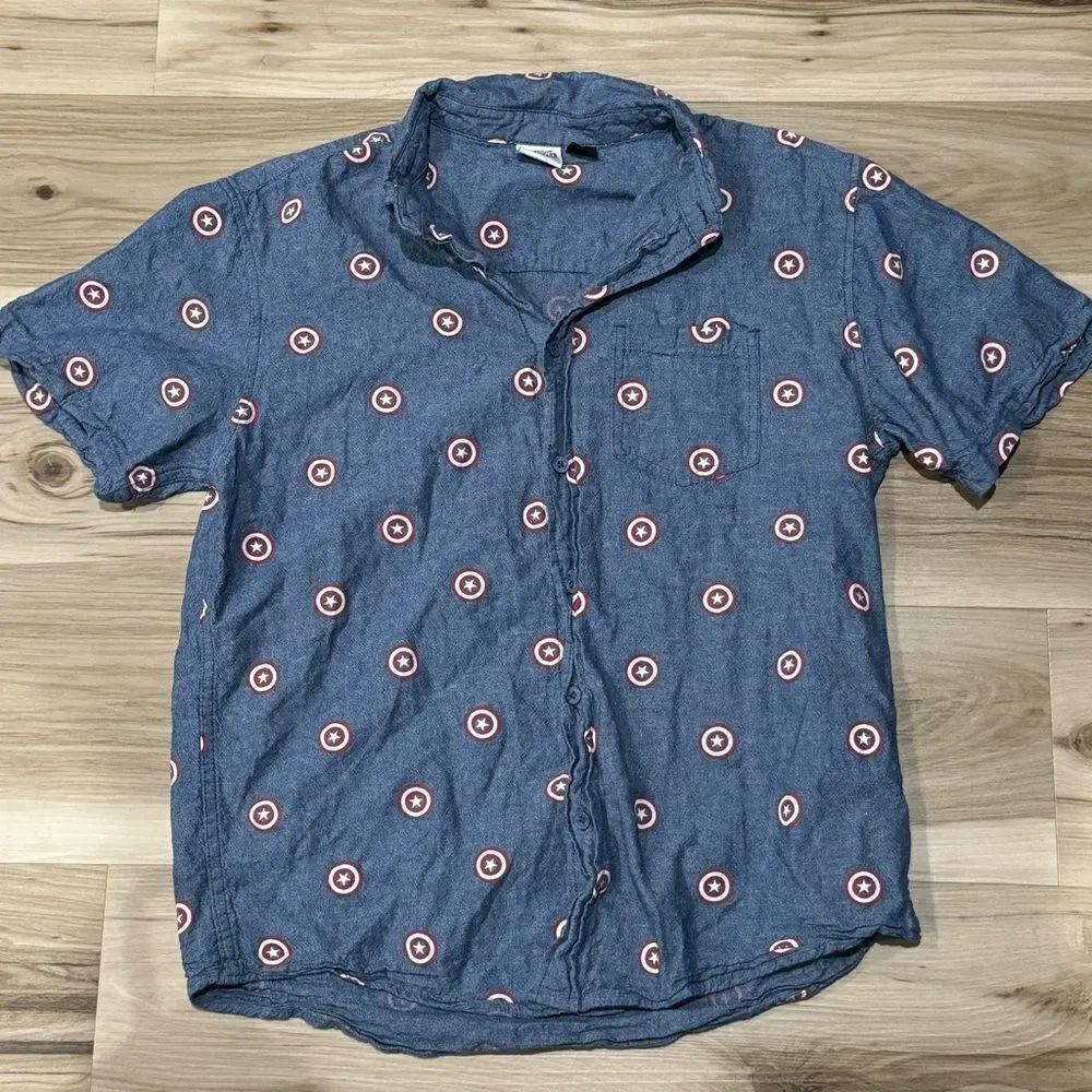 Marvel Captain America Blue Button Up Shirt Men’s Medium